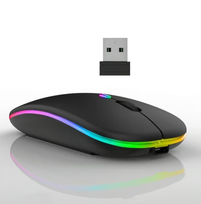 Trådlös mus – Bluetooth och 2,4 GHz – optisk – RGB – uppladdningsbar slim Svart Trådlös mus – Bluetooth och 2,4 GHz – optisk – RGB – uppladdningsbar slim Svart