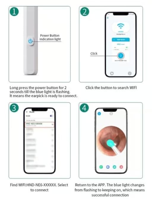 Trådlös smart visuell öronrengörare – USB WiFi-otoskop – Öronvaxborttagningsset med kamera – HD 1080P – kompatibel med iOS och Android