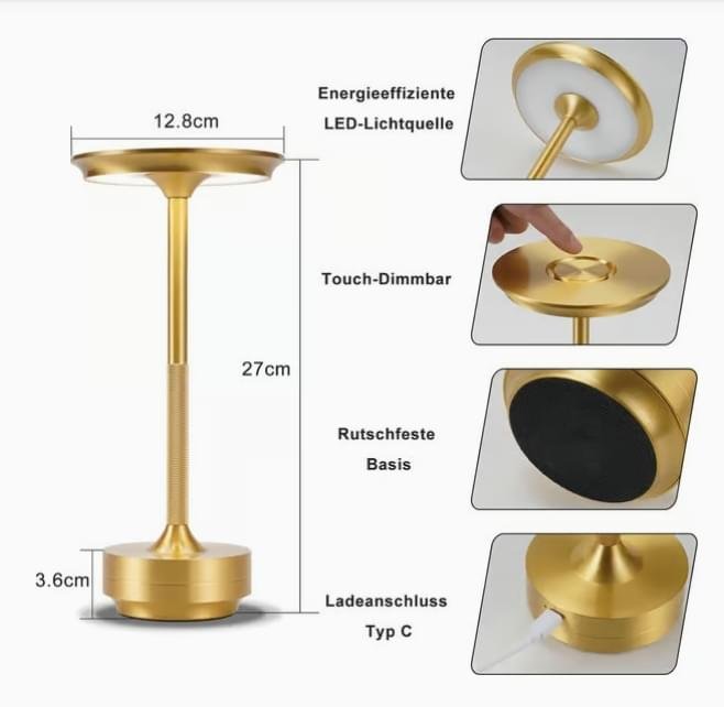 Trådlös bordslampa / skrivbordslampa – LED-lampa – USB-laddningsbar – 1-pack – Guld