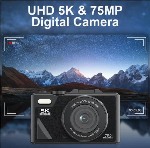 Högupplöst digitalkamera – 75MP, 5K-video, WiFi, roterbar skärm, 64GB-minneskort, Type-C-adapter och USB-läsare – perfekt för foto och video