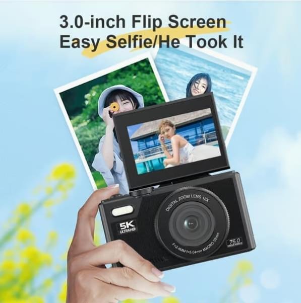 Högupplöst digitalkamera – 75MP, 5K-video, WiFi, roterbar skärm, 64GB-minneskort, Type-C-adapter och USB-läsare – perfekt för foto och video