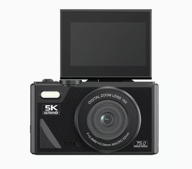 Högupplöst digitalkamera – 75MP, 5K-video, WiFi, roterbar skärm, 64GB-minneskort, Type-C-adapter och USB-läsare – perfekt för foto och video