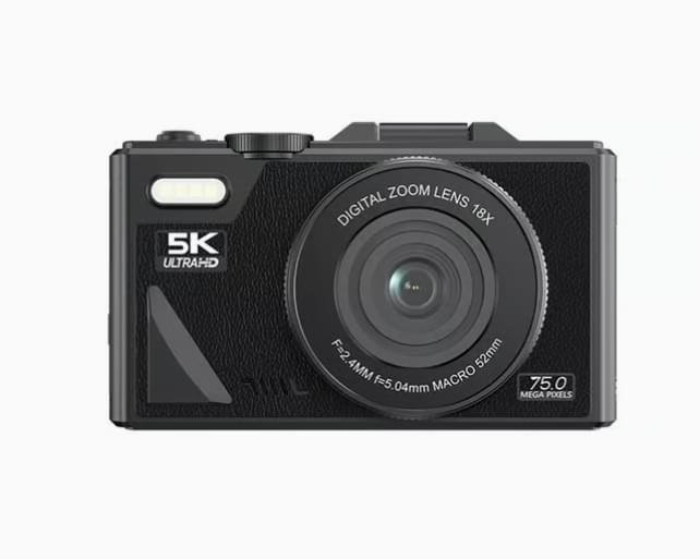 Högupplöst digitalkamera – 75MP, 5K-video, WiFi, roterbar skärm, 64GB-minneskort, Type-C-adapter och USB-läsare – perfekt för foto och video