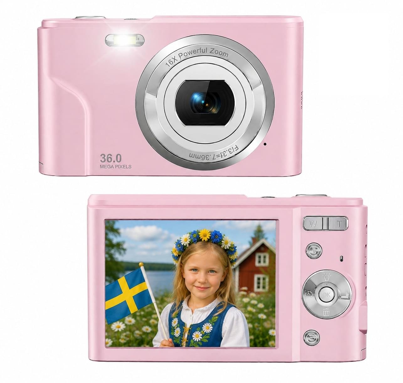 Digitalkamera – 36MP, 16× zoom, 2.7K Full HD Pink